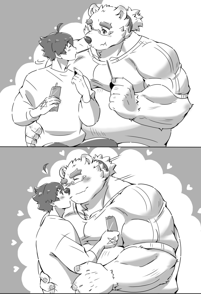 anthro biceps blush duo eyewear food glasses hair kissing male male/male musclegut muscular pecs pocky_game pocky_in_mouth ponytail romantic romantic_couple suzuapi2 lifewonders pocky tokyo_afterschool_summoners leib_(tas) protagonist_(tas) twink_protagonist_(tas) bear human mammal polar_bear ursine monochrome