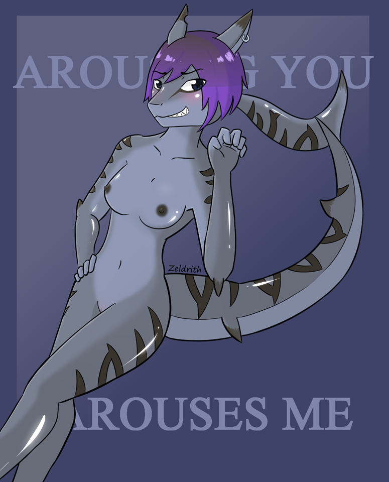 anthro areola blush breasts female genitals hair knock-kneed looking_at_viewer nipples non-mammal_breasts nude purple_hair pussy simple_background smile solo teeth text krishadraws jesse_tracer fish marine scalie shark