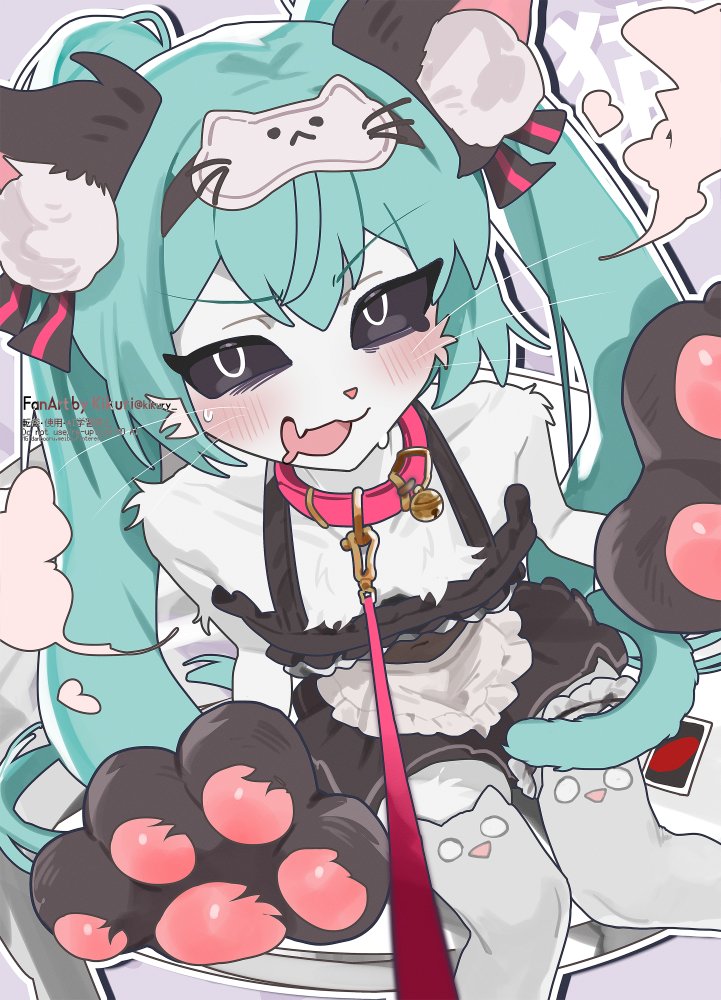 accessory alternate_species anthro black_eyes black_paws black_sclera blue_hair cat_stockings chest_tuft clothed clothing collar female fur furrification garter hair high-angle_view kemono leash leashed_collar legwear maid_uniform open_mouth paws sitting solo stockings tuft twintails_(hairstyle) uniform uno_card white_body white_fur kikury mimukauwa_nice_try nunununununununununununununununu vocaloid hatsune_miku domestic_cat felid feline felis mammal alternate_version_at_source