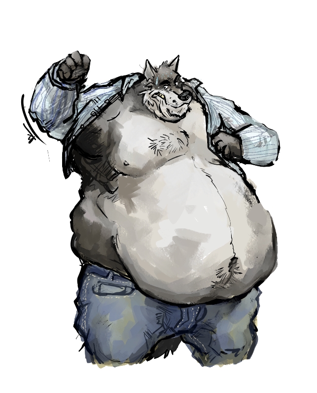 anthro belly belly_overhang big_belly bottomwear clenched_teeth clothed clothing deep_navel denim denim_bottomwear denim_clothing double_chin dressing fur grey_body grey_fur jeans male moobs navel nipples obese obese_anthro obese_male open_clothing open_shirt open_topwear overweight overweight_anthro overweight_male pants shirt simple_background solo teeth topwear white_background aokamidu canid canine canis mammal wolf