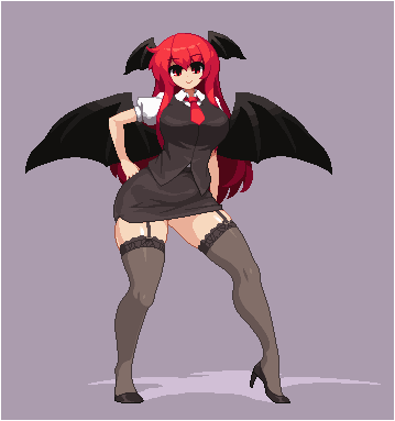 absolute_territory border bottomwear clothed clothing female footwear garter_straps hair head_wings high_heels legwear long_hair membrane_(anatomy) membranous_wings miniskirt necktie not_furry red_eyes red_hair shoes skirt smile solo stockings suit thigh_highs transparent_border unusual_wing_placement wings takorin touhou koakuma demon humanoid alpha_channel digital_media_(artwork) low_res pixel_(artwork)