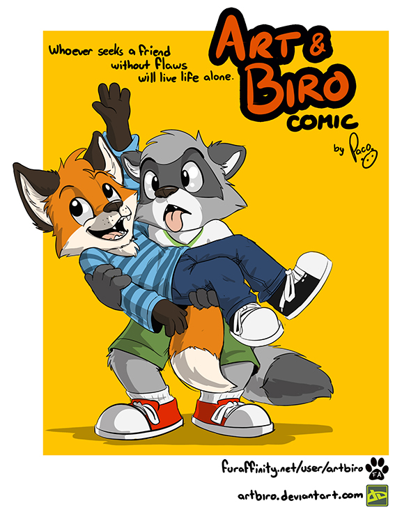 anthro bottomwear cheek_tuft clothed clothing detailed_background dipstick_tail duo effort eyewear facial_tuft feet_together footwear fully_clothed gloves_(marking) lifting_another lifting_partner male markings tail tail_markings text tired tongue tongue_out tuft pandapaco art_(pandapaco) biro_(pandapaco) canid canine fox mammal procyonid raccoon comic cover cover_art cover_page english_text url