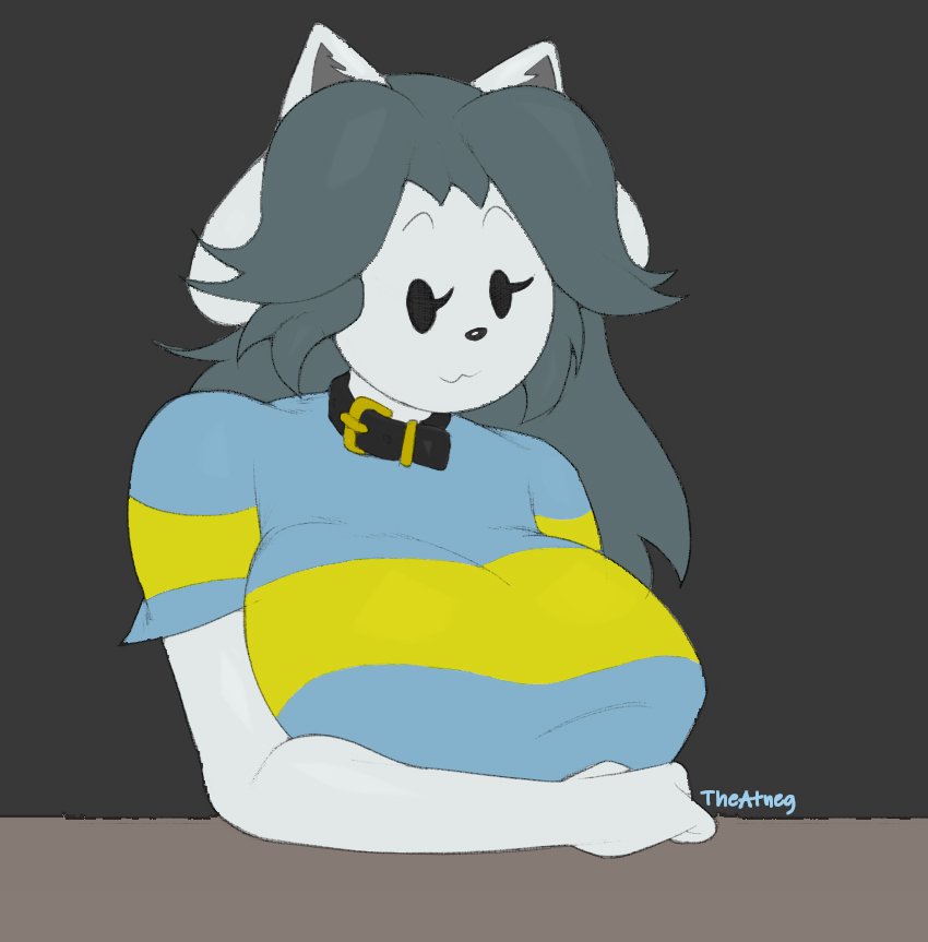 anthro big_breasts breasts clothing collar colored-in colored-in_version female hair long_hair shirt simple_background simple_eyes smile solo topwear theatneg undertale undertale_(series) temmie_(undertale) canid canine felid feline mammal tem half-length_portrait monochrome portrait