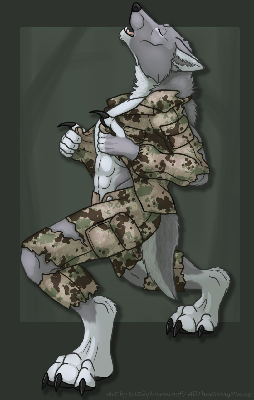 4_toes 5_fingers abs after_transformation anthro big_claws black_claws black_lips black_nose black_pawpads border bottomwear camo camo_clothing camo_print cheek_tuft claws clothing digitigrade ears_back eyes_closed facial_tuft feet finger_claws fingers fluffy fluffy_tail fur green_border grey_body grey_fur howl lips male mane military muscular muscular_anthro muscular_male neck_tuft open_mouth pants pattern_clothing pawpads paws pivoted_ears shirt simple_background solo tail tearing_clothing teeth toe_claws toes topwear torn_bottomwear torn_clothing torn_pants torn_shirt torn_topwear tuft undressing allthewrongpieces mythology canid canine canis mammal mythological_canine mythological_creature werecanid werecanine werecreature werewolf wolf digital_drawing_(artwork) digital_media_(artwork) hi_res shaded