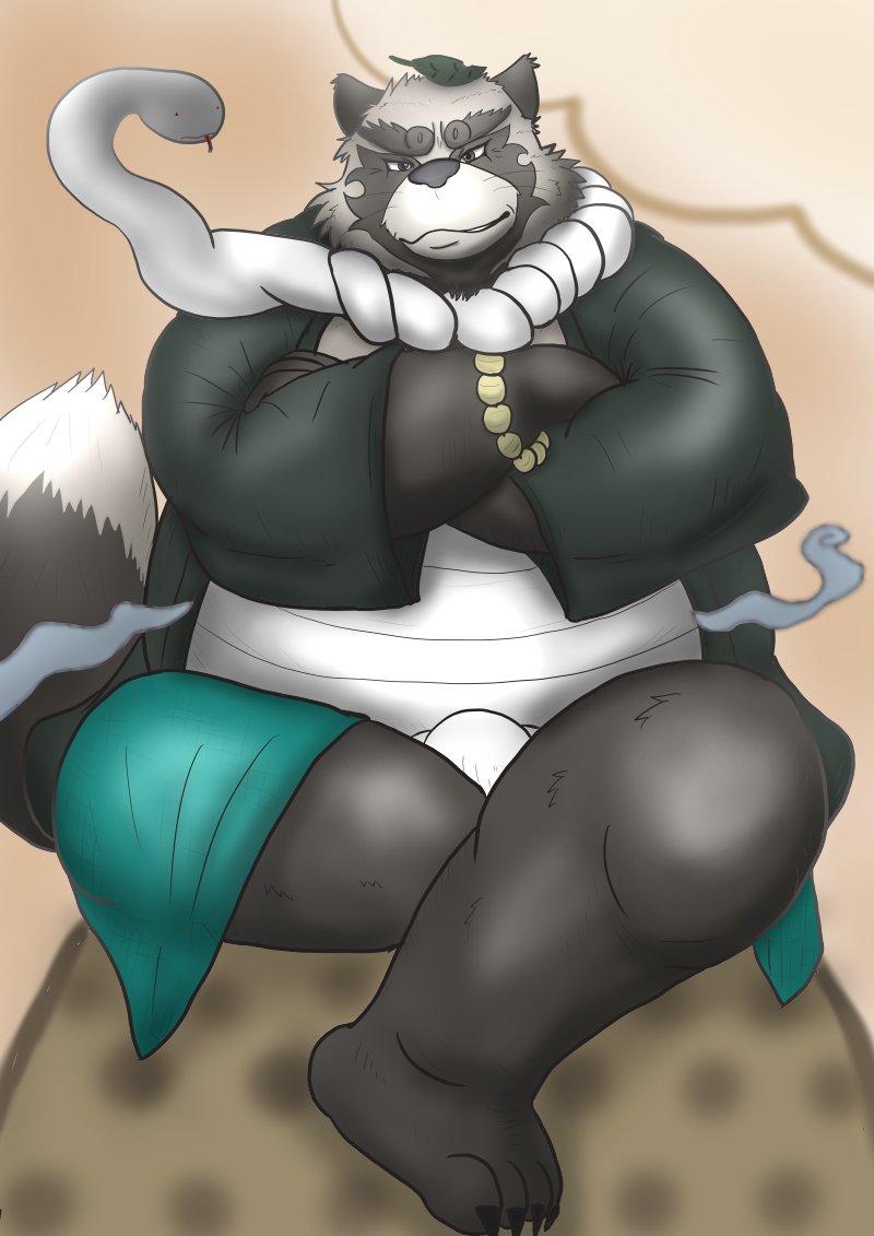 anthro bulge clothing kemono leaf male overweight overweight_male sitting solo underwear mametanu_tanuki canid canine mammal raccoon_dog tanuki 2023