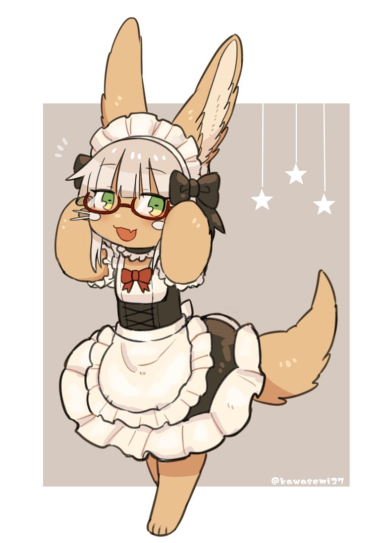 ambiguous_gender black_clothing bow_tie brown_body brown_fur clothing eyebrow_through_hair eyebrows eyewear fur glasses green_eyes hair looking_aside maid_uniform open_mouth smile solo translucent translucent_hair uniform white_body white_clothing white_fur white_hair kawasemi27 made_in_abyss nanachi lagomorph leporid mammal narehate rabbit