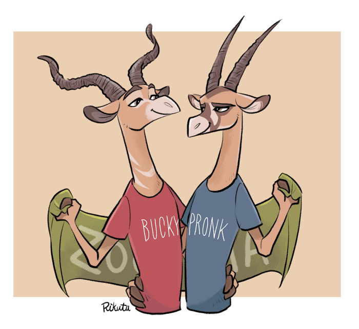 anthro banner border brown_background brown_body brown_eyes canon_couple clothed clothing duo holding_object horn hug male romantic romantic_couple shirt simple_background smile t-shirt text topwear white_border rikuta_tp disney zootopia bucky_oryx-antlerson pronk_oryx-antlerson antelope bovid bovine gemsbok grazing_antelope kudu mammal oryx spiral-horned_antelope half-length_portrait portrait