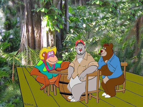 anthro bottomless butt cigar claws clothed clothing forest fur group hair hat headgear headwear jungle looking_at_viewer male outside photo_background plant slightly_chubby smoke smoking tree wood alin_raven disney talespin the_jungle_book baloo king_louie ape bear brown_bear grizzly_bear haplorhine mammal orangutan primate sloth_bear ursine 4:3 digital_media_(artwork) mixed_media photography_(artwork)