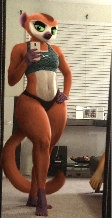 anthro anthrofied bra breasts clothing female fur green_eyes mirror orange_body orange_fur selfie solo sports_bra thick_thighs underwear white_body white_fur wide_hips oystercatcher7 third-party_edit all_hail_king_julien dreamworks madagascar_(series) clover_(madagascar) crowned_lemur lemur mammal primate strepsirrhine photo_manipulation photomorph