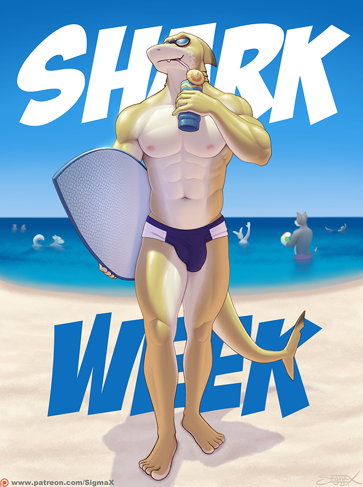 abs anthro beach beverage biceps big_bulge big_muscles blue_sky bulge clothed clothing cocktail_garnish cocktail_umbrella container countershading cup day detailed_background detailed_bulge drinking drinking_straw eyewear front_view genital_outline gills group holding_beverage holding_container holding_cup holding_object holding_surfboard horizon male male_focus muscular muscular_male navel notched_tail outside pecs penis_outline plantigrade sand sea seaside serratus shadow sharp_teeth skimpy sky smile smirk solo_focus speedo standing sunglasses surfboard swimming swimwear teeth title topless v-cut vehicle water watercraft sigma_x discovery_channel shark_week canid felid fish lagomorph mammal marine shark 2019 full-length_portrait meme portrait