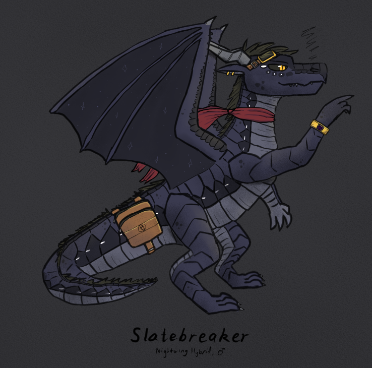 accessory bag ear_piercing eyewear feral furgonomics goggles male piercing scarf solo tail tail_accessory tail_bag slatebreaker_(artist) mythology wings_of_fire slatebreaker dragon mythological_creature mythological_scalie nightwing_(wof) scalie 2024 portrait