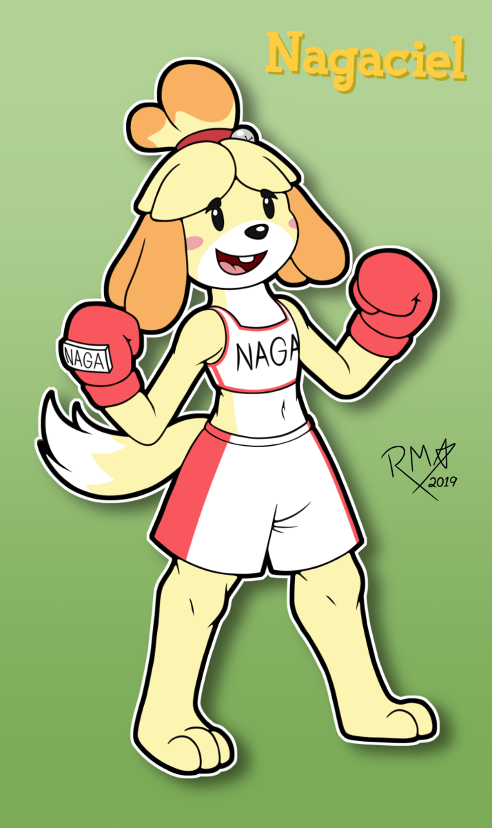 anthro blush boxing_gloves clothed clothing female fur green_background hair handwear open_mouth simple_background smile solo standing teeth tongue yellow_body yellow_fur richyminer animal_crossing nintendo isabelle_(animal_crossing) canid canine canis domestic_dog mammal shih_tzu toy_dog 2019 hi_res