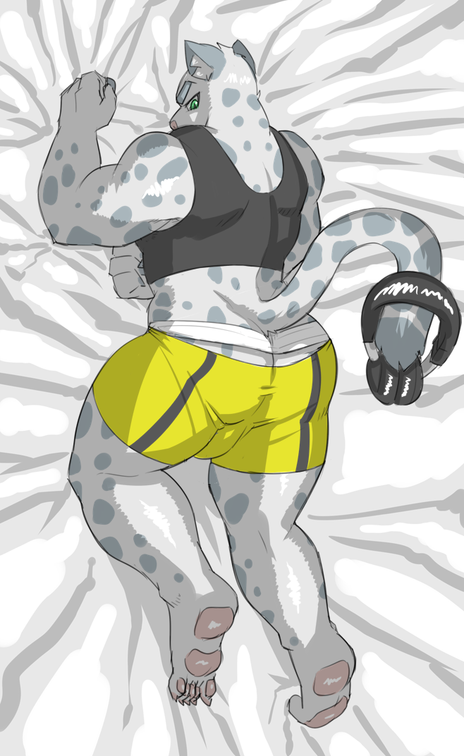 anthro bottomwear bulge clothing electronics headphones jockstrap male muscular muscular_anthro muscular_male shirt shorts solo tank_top topwear underwear siegerabbit ricky_landon felid mammal pantherine snow_leopard