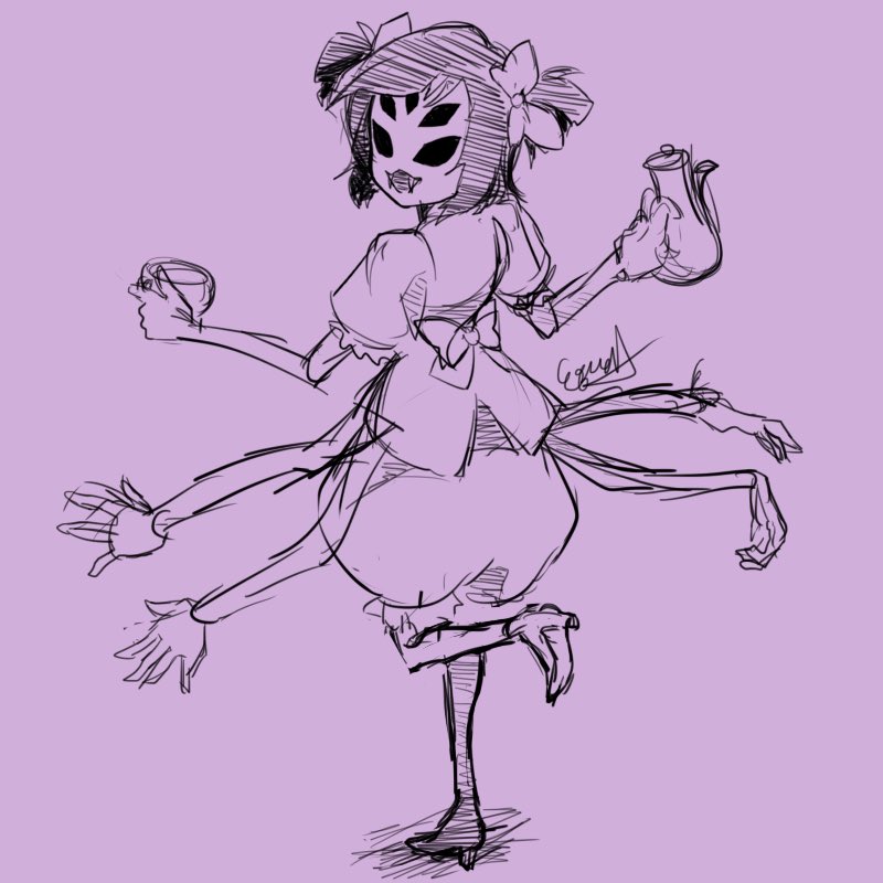 6_arms 8_limbs alternative_fashion anthro black_and_purple black_eyes container cup female j-fashion multi_arm multi_limb ouji_(fashion) purple_background ribbons simple_background solo teapot kutigakuri undertale undertale_(series) muffet arachnid arthropod spider line_art