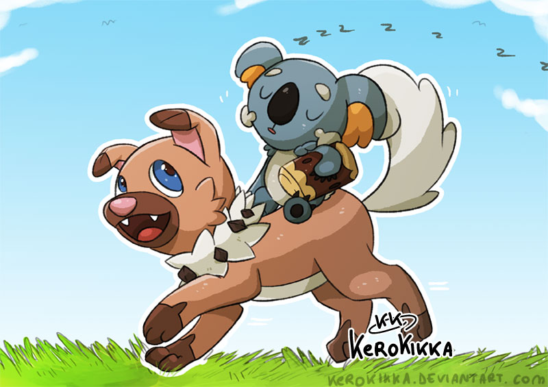 ambiguous_gender duo feral happy riding sleeping sound_effects straddling vowelless vowelless_sound_effect zzz kerokikka nintendo pokemon canid canine generation_7_pokemon komala mammal marsupial pokemon_(species) rockruff 2016