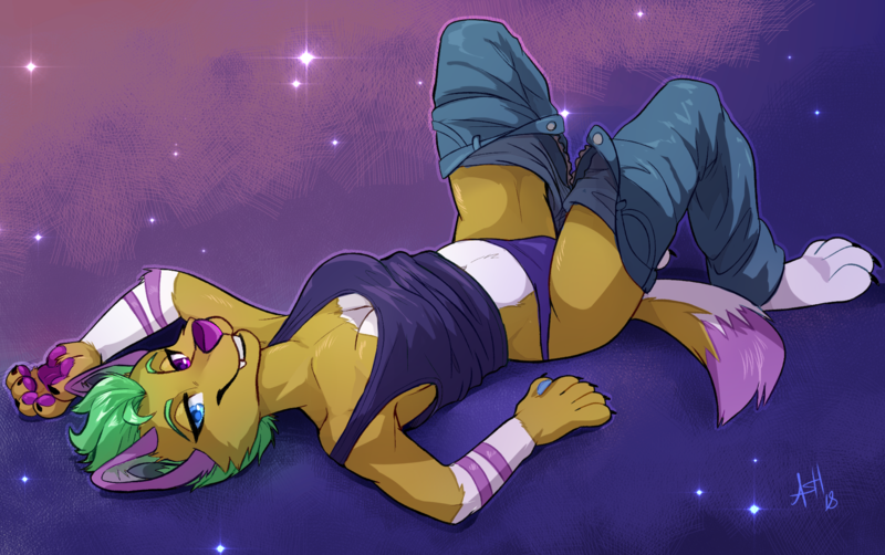 5_fingers anthro breasts cleavage clothed clothing female fingers heterochromia looking_at_viewer lying on_back panties purple_nose smile solo sparklefur underwear skeleion madison_barks canid canine canis domestic_dog mammal digital_media_(artwork)