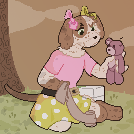 anthro bandage bottomwear bow_ribbon clothed clothing female floppy_ears green_eyes outside playing plushie pretending skirt solo teddy_bear young young_anthro young_female varlus basset_hound canid canine canis domestic_dog hunting_dog mammal scent_hound 1:1 low_res