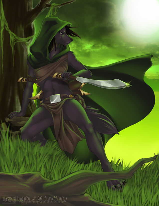 anthro assassin cloak clothed clothing detailed_background female forest hood melee_weapon midriff nature outside plant scenery skimpy solo sword tail tree weapon wood holydust canid canine canis mammal wolf green_theme