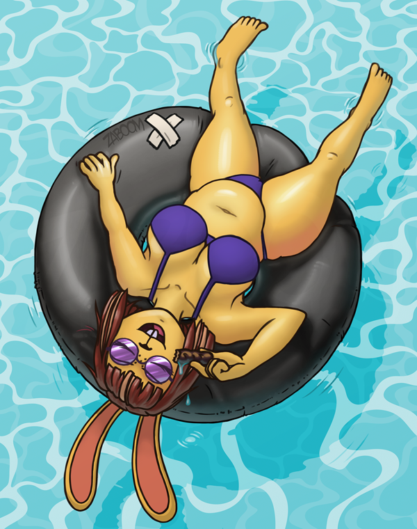 anthro bent_arm bikini breasts brown_hair candy chocolate clothing dessert extended_arm extended_legs eyewear female food foot_in_water glasses hair inflatable inflatable_ride inflatable_support inner_tube on_pool_toy on_swim_ring outside partially_submerged pool_toy solo swim_ring swimwear two-piece_swimsuit water waterscape zaboom big_bun_burgers layla_(ponehanon) lagomorph leporid mammal rabbit