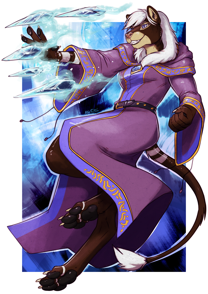 ambiguous_gender anthro black_pawpads blue_eyes brown_body brown_fur cape claws clothing elemental_manipulation fur hair ice_manipulation magic_user pawpads purple_cape purple_clothing solo white_body white_claws white_fur white_hair nitrods felid feline mammal hi_res