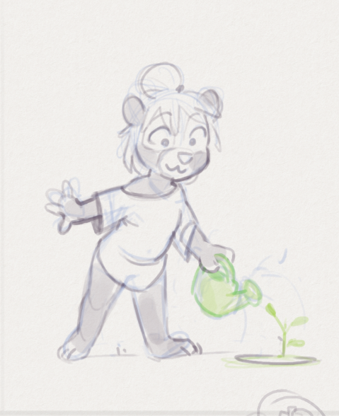 :3 anthro barefoot bottomless clothed clothing feet female hair hair_bun plant shirt shirt_only simple_background solo t-shirt topwear topwear_only watering_can young young_anthro young_female rb flora_(scottykat) bear mammal sun_bear ursine colored_sketch sketch