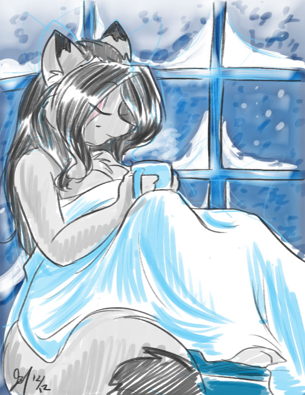 1_eye anthro bedding black_hair blanket breasts container cup eyes_closed female fur grey_body grey_fur hair holding_container holding_cup holding_object inside scar smile snow solo tail window winter j3t vixenchan canid canine fox mammal