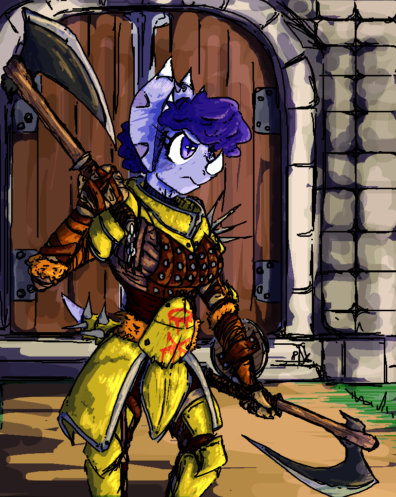 anthro armor axe clothing dual_wielding facial_horn fantasy female gloves gold_(metal) gold_armor hair handwear holding_object holding_weapon horn medieval medieval_armor medieval_fantasy pupils purple_body purple_eyes purple_hair slit_pupils solo weapon faustanon goodbye_volcano_high trish_(gvh) ceratopsian dinosaur ornithischian prehistoric_species reptile scalie triceratops