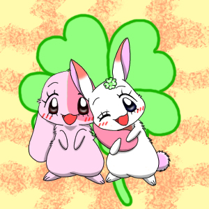 :3 abstract_background anthro big_ears blush brown_eyes clover_(plant) duo eyebrows eyelashes female fur hug japanese long_ears looking_at_viewer one_eye_closed pink_body pink_fur plant purple_eyes shamrock short_fur simple_background smile standing white_body white_fur wink unknown_artist happy_happy_clover pixiv sayuri_tatsuyama clover_(happy_happy_clover) mallow_(happy_happy_clover) domestic_rabbit lagomorph leporid lop_rabbit mammal oryctolagus rabbit 1:1 low_res