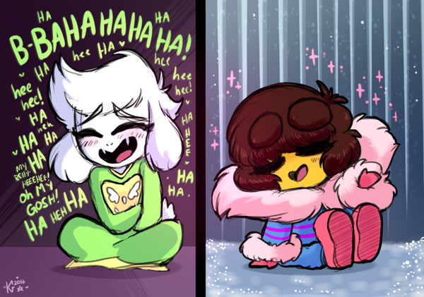 alternate_universe anthro barefoot blush clothing dialogue dress feet fluffy fur laugh male robe white_body white_fur young katelynntheg undertale undertale_(series) asriel_dreemurr frisk_(undertale) boss_monster_(undertale) bovid caprine goat mammal 2016