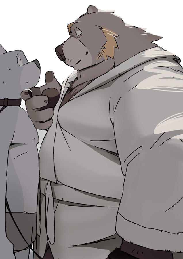 anthro anthro_on_anthro bulge clothing collar duo facial_hair humanoid_hands kemono leash male male/male overweight overweight_male robe simple_background slave underwear white_back white_background motogen bear canid canine canis domestic_dog mammal 2021