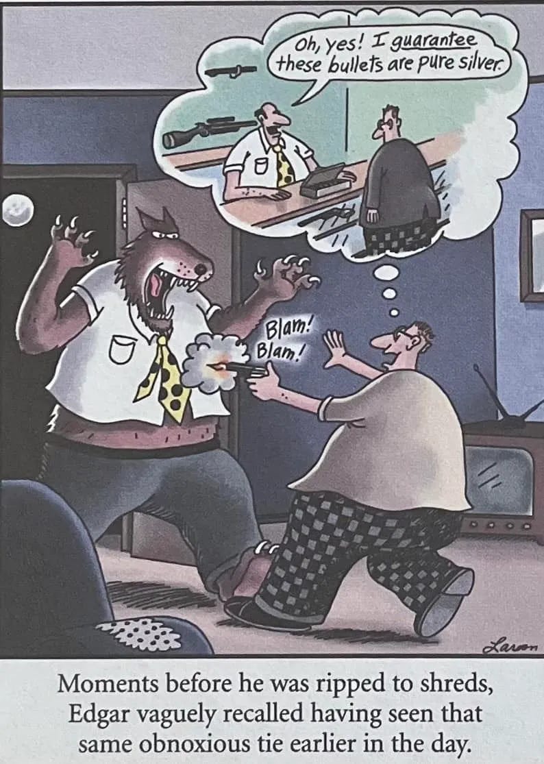 after_transformation anthro claws clothed clothing duo electronics eyewear full_moon glasses gun home_invasion imminent_death male memory moon necktie night open_mouth ranged_weapon sales_pitch salesman sharp_teeth shooting sound_effects speech_bubble teeth television text thought_bubble tricked weapon gary_larson_(artist) mythology the_far_side canid canine human mammal mythological_canine mythological_creature werecanid werecanine werecreature werewolf english_text