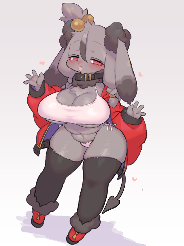 anthro biped black_body black_fur blush breasts clothed clothing female fur heart_symbol open_mouth red_eyes simple_background solo rikose lagomorph leporid mammal rabbit