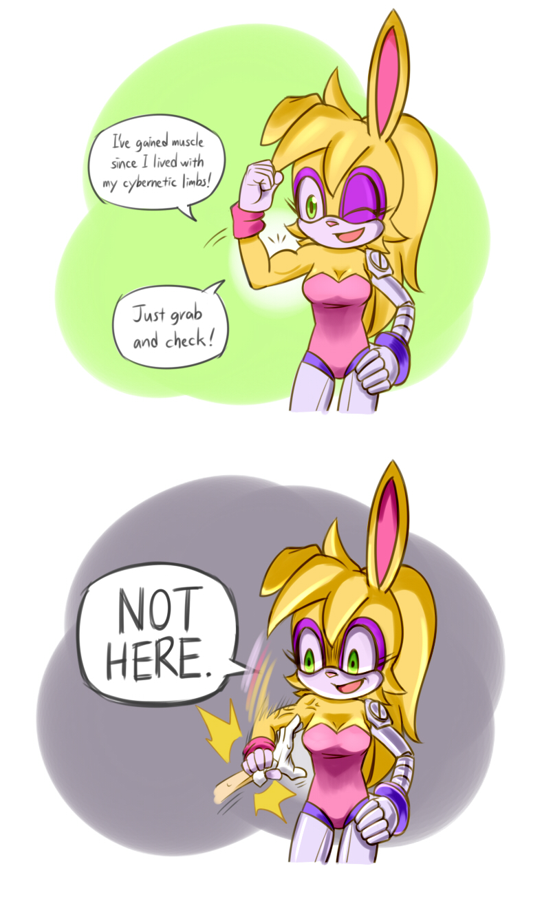 angry anthro arm_grab breasts cleavage clothed clothing cybernetics female flexing green_eyes hair looking_at_viewer machine solo text vein zelen archie_comics sega sonic_the_hedgehog_(archie) sonic_the_hedgehog_(comics) sonic_the_hedgehog_(series) bunnie_rabbot cyborg lagomorph leporid mammal rabbit english_text hi_res