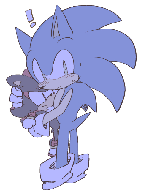 anthro black_body black_eyes black_fur blue_body blue_fur blush bodily_fluids clothing duo exclamation_point fur gloves green_eyes handwear holding_character hug male red_body red_fur simple_background size_difference sweat sweatdrop white_background sikai sega sonic_the_hedgehog_(series) shadow_the_hedgehog sonic_the_hedgehog eulipotyphlan hedgehog mammal