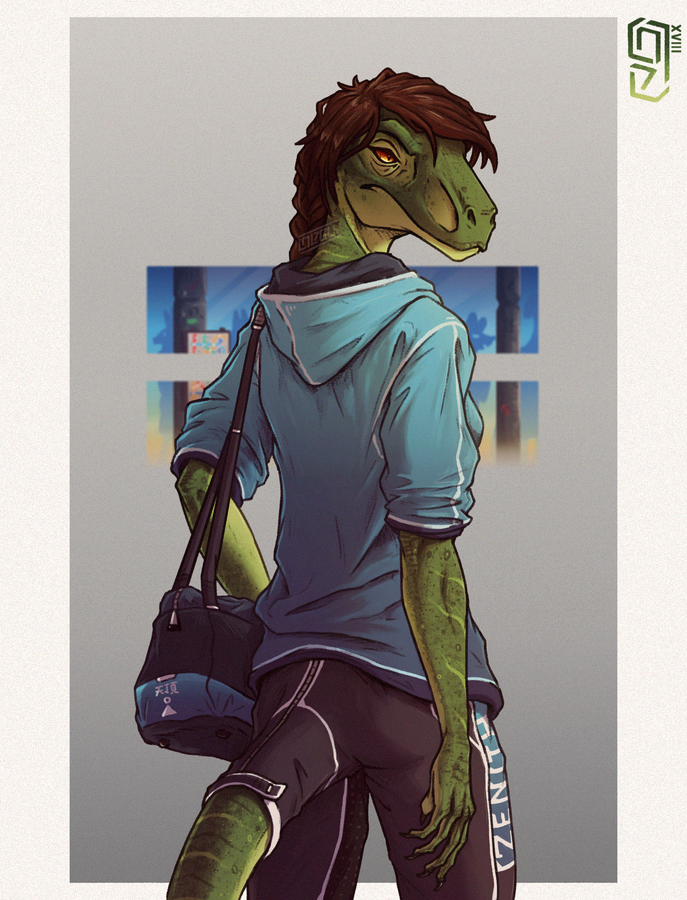 anthro braided_hair brown_hair clothed clothing female fingernails fingers furgonomics green_body green_skin hair hoodie nails sharp_fingernails sharp_nails solo standing tail_pants topwear sunkenshrines yvonne_(lolzguy) dinosaur dromaeosaurid prehistoric_species reptile scalie theropod velociraptor 2018 digital_media_(artwork)