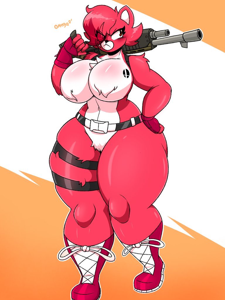 anthro big_breasts boots breasts clothing covered_nipples female footwear fur genitals gun holding_gun holding_object holding_ranged_weapon holding_weapon logo naturally_censored nipple_tuft pussy ranged_weapon red_body red_fur shoes shotgun solo text thick_thighs tuft weapon omegabrawl epic_games fortnite nintendo cuddle_team_leader fan_character meggy_(omegabrawl) bear mammal 2021 3:4 signature