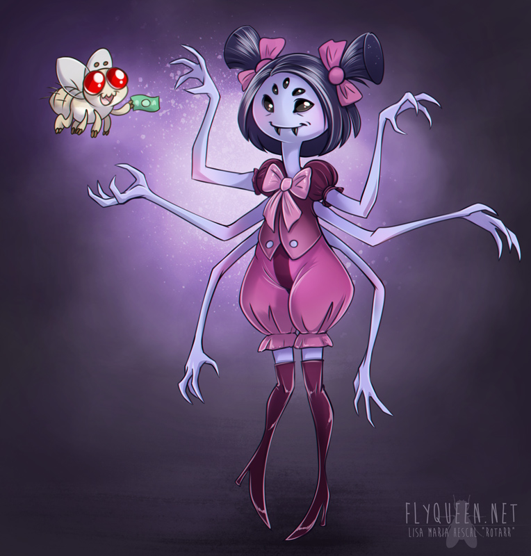 anthro black_hair bow_ribbon clothing dress duo fangs female feral footwear hair high_heels leggings legwear money multi_arm multi_limb red_eyes shoes teeth rotarr undertale undertale_(series) muffet rotarr_(character) arachnid arthropod fly_(animal) insect spider 2015