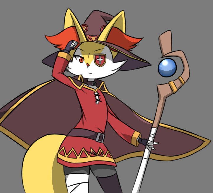 anthro bandage clothed clothing eye_patch eyewear female grey_background hat headgear headwear red_eyes simple_background solo staff standing kingdxvi konosuba:_god's_blessing_on_this_wonderful_world! nintendo pokemon megumin_(konosuba) braixen generation_6_pokemon pokemon_(species)