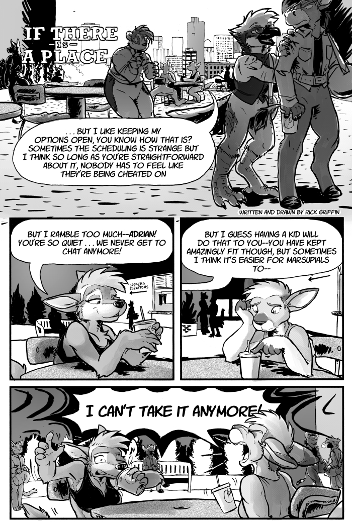 anthro bottomless casual_exposure clothed clothing dialogue female furgonomics speech_bubble text rick_griffin ah_club adrian_gray hildegard_rothschild asinus avian bird canid canine canis donkey equid equine kangaroo macropod mammal marsupial wolf 2014 comic digital_media_(artwork) english_text greyscale monochrome