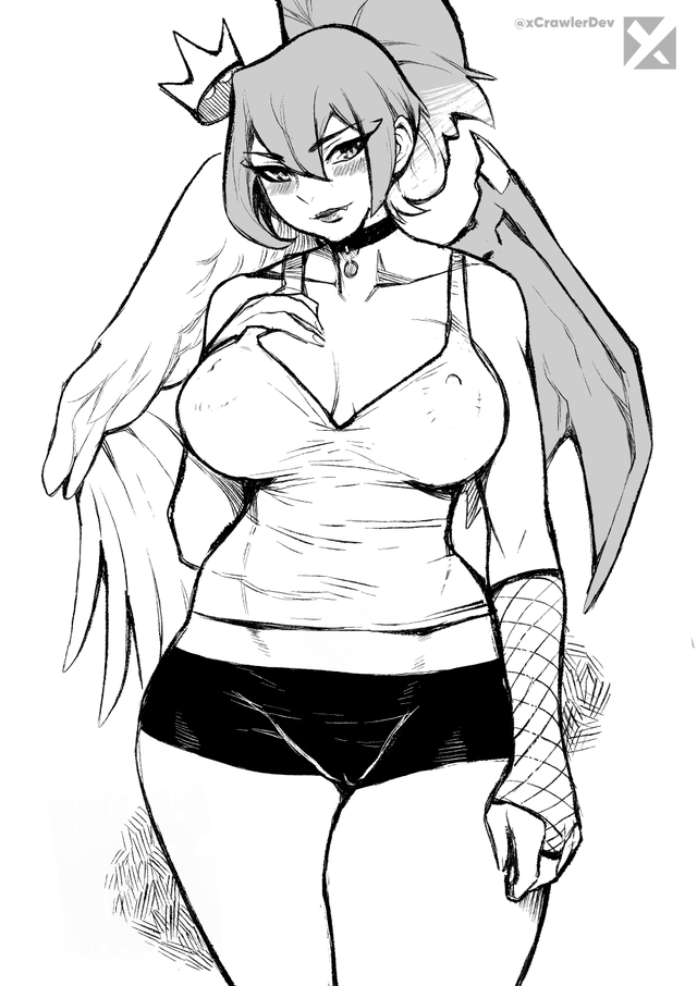 big_breasts bottomwear breasts camel_toe choker clothed clothing crown female fishnet_clothing hair headgear hotpants jewelry necklace nipple_outline ponytail shorts solo xcrawlerdev raven_(raven) angel demon humanoid hybrid nephilim succubus monochrome