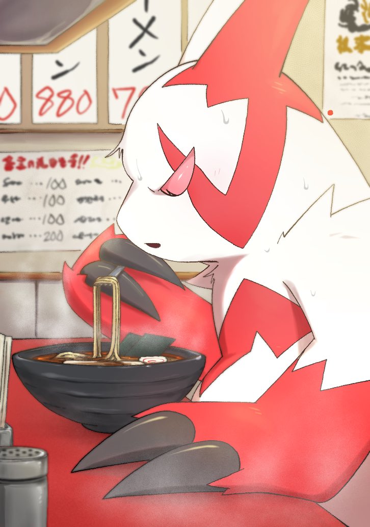 anthro belly bodily_fluids bowl claws container detailed_background eating food fur male noodles pink_eyes ramen semi-anthro slightly_chubby solo sweat white_body white_fur matchstick_39 nintendo pokemon generation_3_pokemon pokemon_(species) zangoose