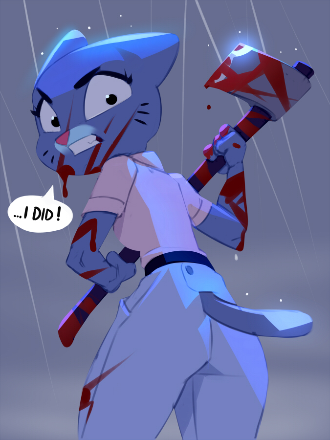 anthro axe blood bodily_fluids bottomwear clothing dialogue felling_axe female furgonomics looking_back mature_anthro mature_female melee_weapon pants raining rear_view solo text weapon miles_df cartoon_network the_amazing_world_of_gumball nicole_watterson domestic_cat felid feline felis mammal 2020 3:4 english_text