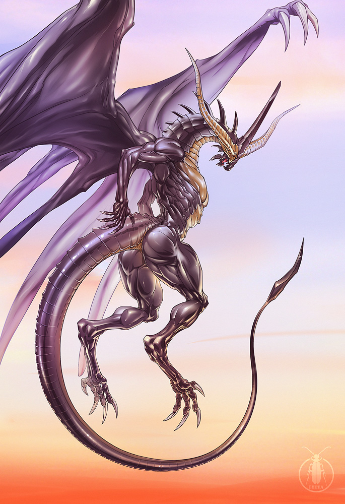 anthro butt claws flying horn looking_back male pecs solo tail wings lytta_the_bug european_mythology final_fantasy final_fantasy_ix mythology square_enix bahamut dragon mythological_creature mythological_scalie scalie western_dragon