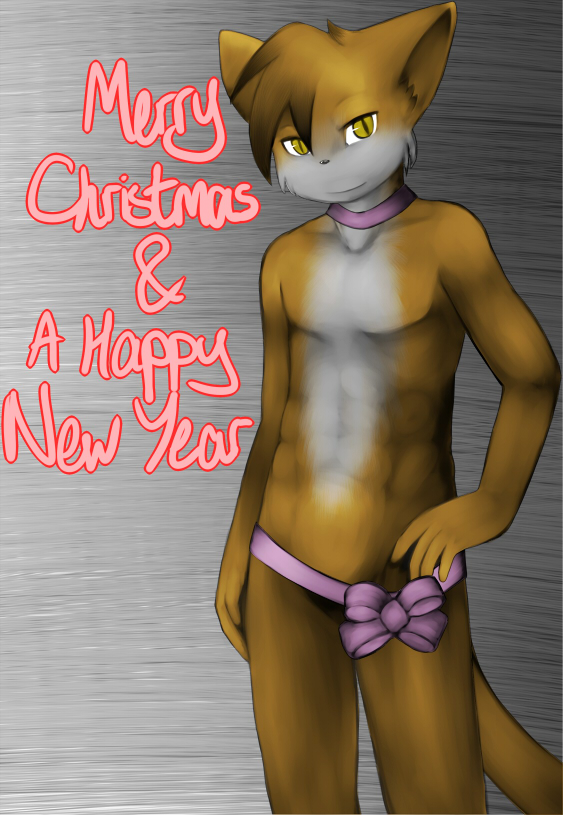 anthro biped clothed clothing gift looking_at_viewer male muscular muscular_anthro muscular_male skimpy smile solo standing tail text radial_(artist) bittersweet_candy_bowl paulo_(bcb) domestic_cat felid feline felis mammal somali_cat english_text