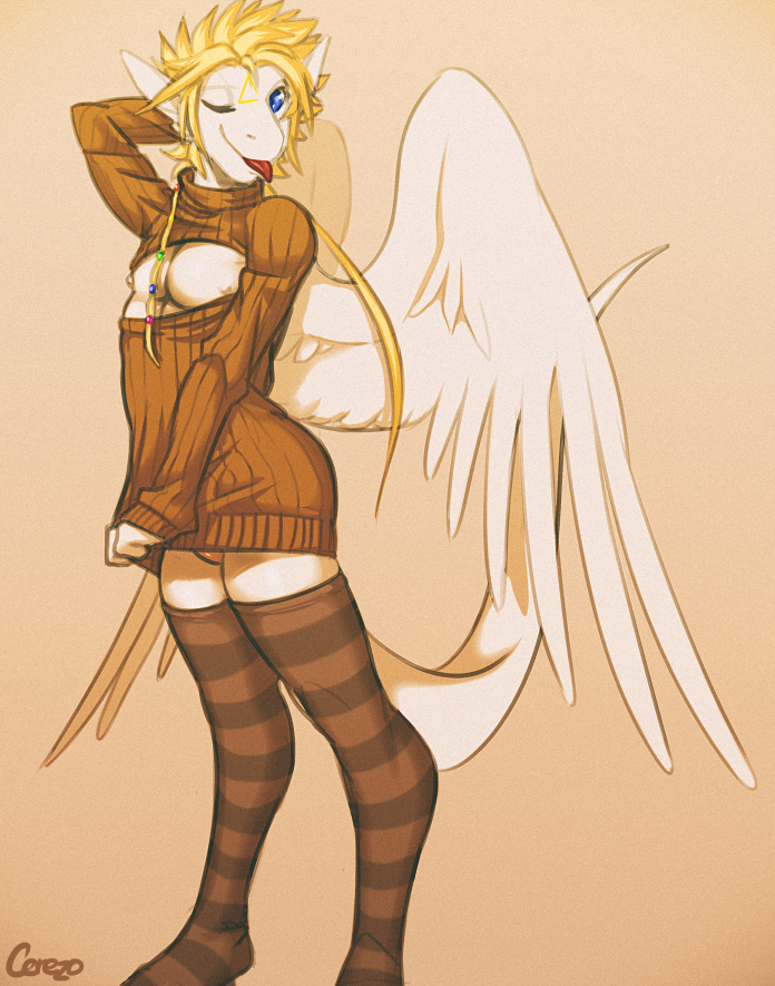 anthro blonde_hair blue_eyes bulge cleavage_cutout clothing cutout feathered_wings feathers femboy hair legwear male muscular muscular_anthro muscular_femboy nipples one_eye_closed simple_background smile solo sweater tail thigh_highs tongue tongue_out topwear wings wink cerezo mythology siegfried angel_dragon dragon feathered_dragon feathered_scalie mythological_creature mythological_scalie scalie