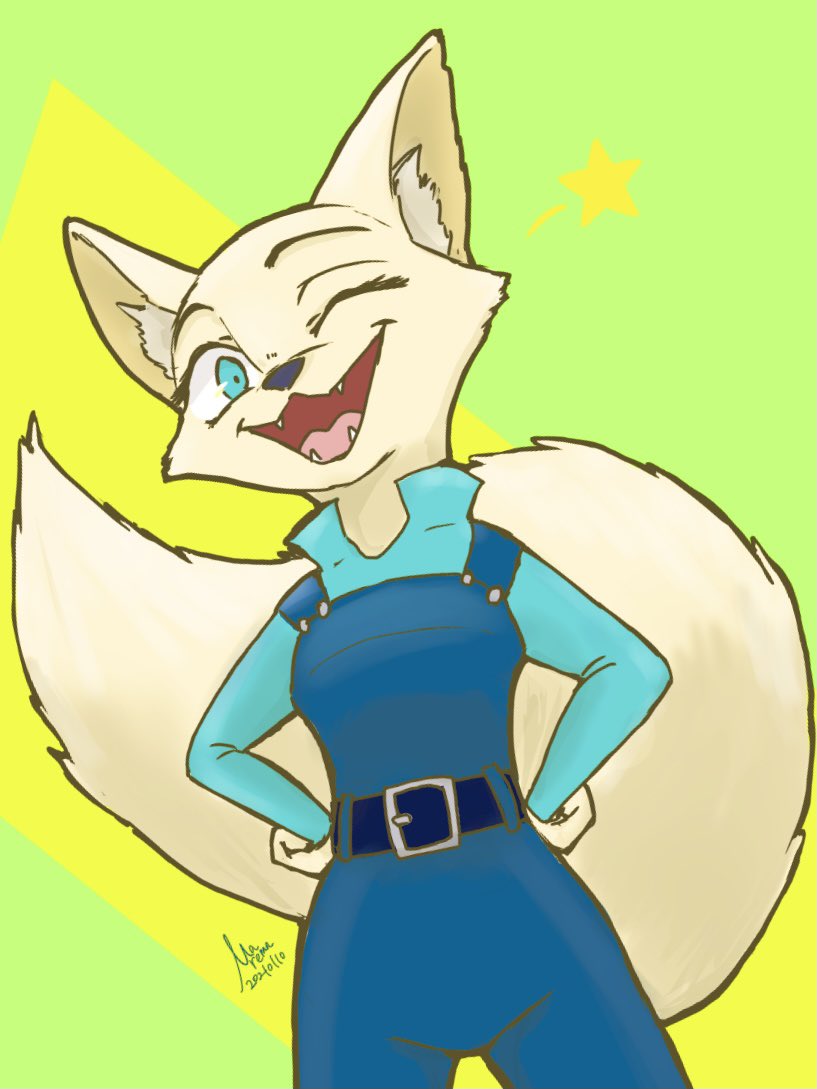 anthro belt blue_eyes clothed clothing fangs female fully_clothed fur green_background inner_ear_fluff looking_at_viewer one_eye_closed open_mouth open_smile simple_background smile solo tan_body tan_fur teeth tongue tuft wink yellow_background marema_kishin disney zootopia skye_(zootopia) arctic_fox canid canine fox mammal true_fox 2021 signature