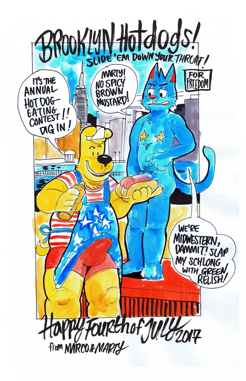 anthro duo erection genitals holidays humanoid_genitalia humanoid_penis interspecies male male/male penis text billy_fore 4th_of_july marco_and_marty marco_marcowitz marty_martin canid canine canis domestic_cat domestic_dog felid feline felis mammal 2017 english_text hi_res