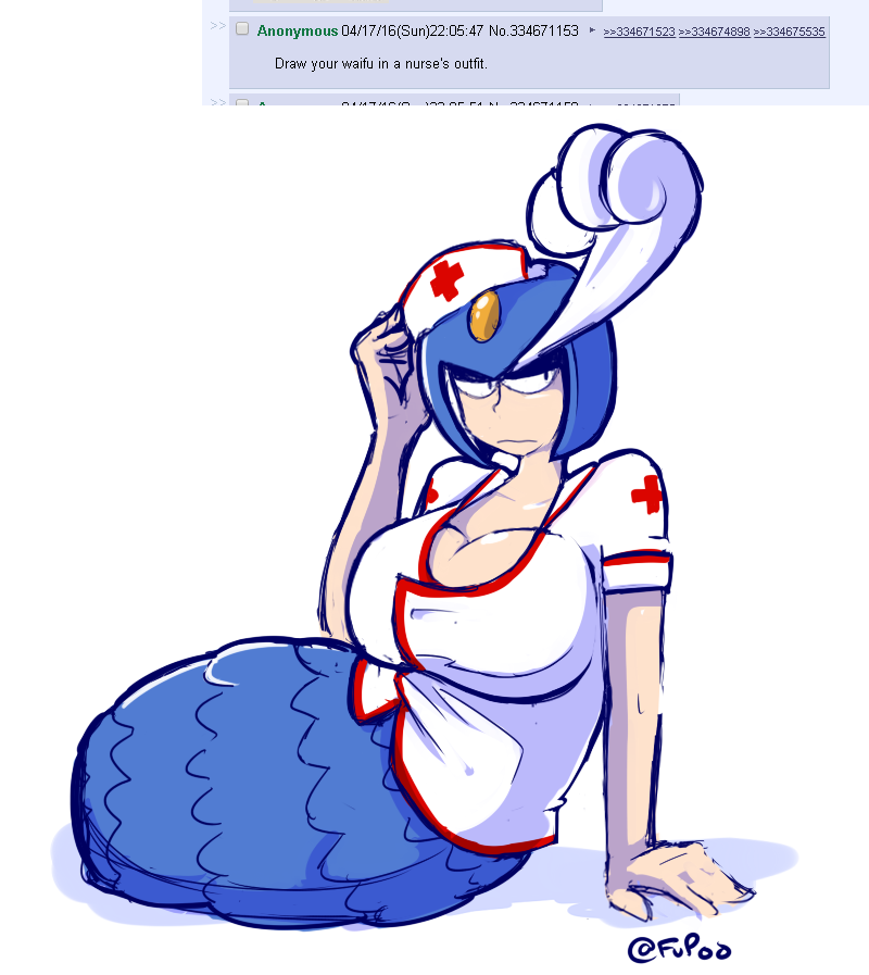 armor big_breasts breasts clothing female headgear helmet lying nurse_clothing shirt solo split_form text topwear white_clothing white_shirt white_topwear fupoo capcom mega_man_(series) megaman_(classic) splash_woman humanoid marine merfolk robot_master 2016