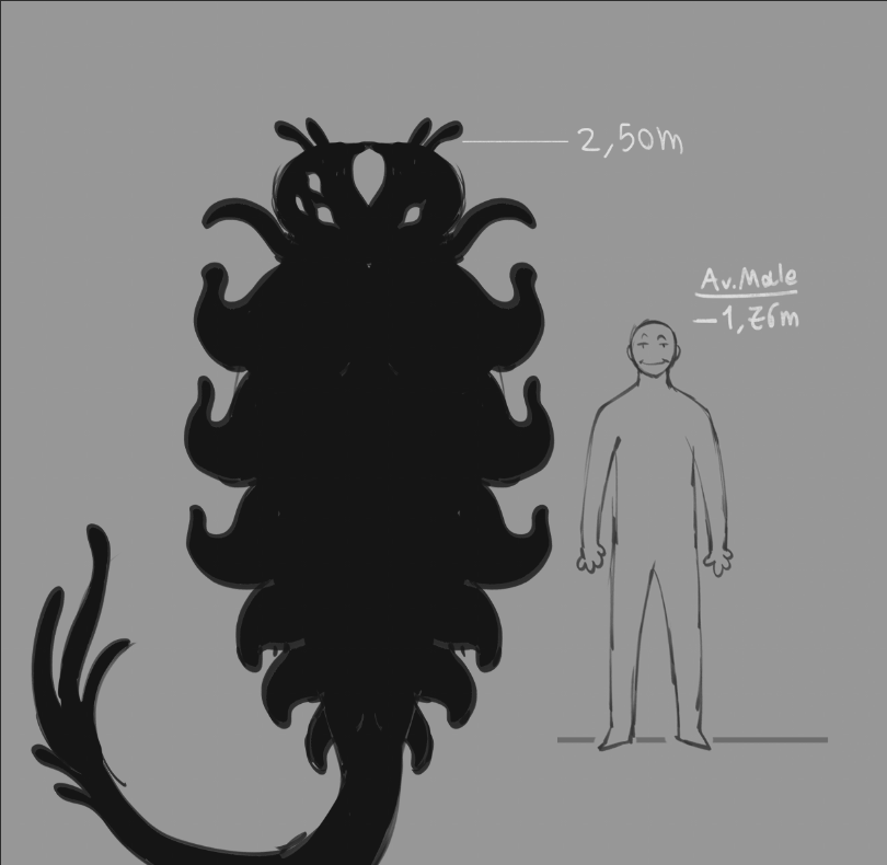 female floating larger_female male multi_eye silhouetted_body size_difference smaller_male tail tendrils ze_blackball.d the_banished_vessel_(zeblackballd) eldritch_being human mammal monochrome