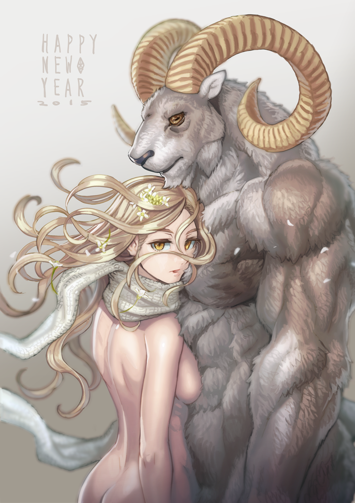 anthro breasts duo female horn looking_at_viewer male muscular muscular_male nude ymskk bovid caprine human mammal